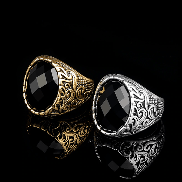 Black Oval Cut Resin Stone - Bishop Antique Finish Ring - Fox - Rings