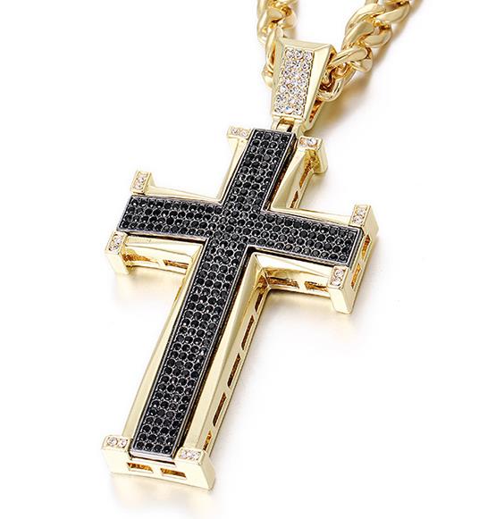 Iced Out 30 inch Jesus Cross Necklace (Black & White Crystal) - Stainless Steel Chain - Fox - Rings