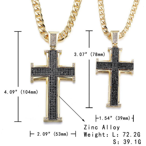 Iced Out 30 inch Jesus Cross Necklace (Black & White Crystal) - Stainless Steel Chain - Fox - Rings