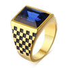 Men's Royal Blue CZ Rhinestone (Stainless Steel) Signet Ring - Checkerboard Sides - Fox - Rings