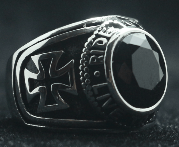 Motorcycle Club Biker Ring (Black Stone) 316L Stainless Steel (Sizes 7 - 15) - Fox - Rings
