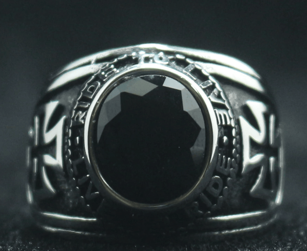 Motorcycle Club Biker Ring (Black Stone) 316L Stainless Steel (Sizes 7 - 15) - Fox - Rings