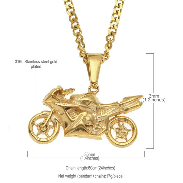 Stainless Steel (Gold Plated) Motorcycle Pendant and Rope Chain - Fox - Rings