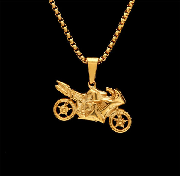 Stainless Steel (Gold Plated) Motorcycle Pendant and Rope Chain - Fox - Rings